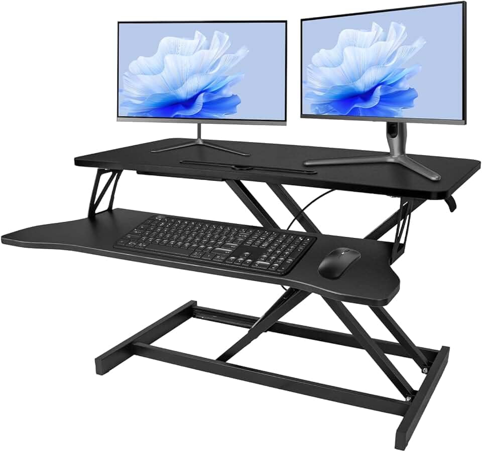 Conversor de mesa em pé de 81 cm de altura ajustável para sentar para ficar em pé com bandeja de teclado grande para casa ou escritório, monitor e laptop, mesa de trabalho ampla de 2 níveis