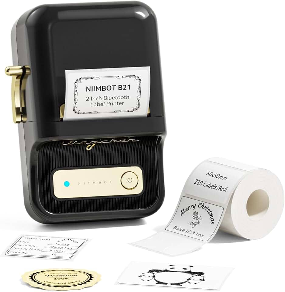 NIIMBOT Máquina de fazer etiquetas B21 com fita adesiva portátil de 5 cm, etiquetadora térmica para jarra, preço de frasco, etiqueta de endereço para organização de escritório e casa, preta