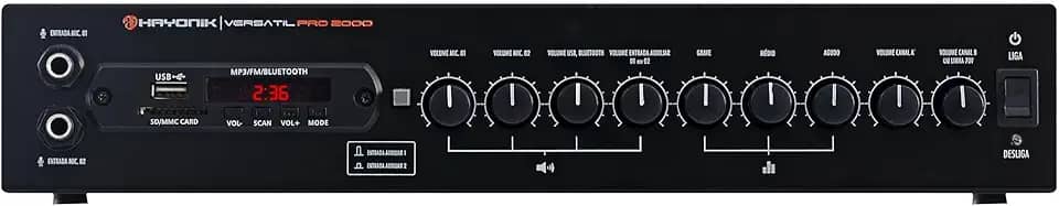 HAYONIK, Amplificador Para Som Ambiente, 200W RMS, Saída 70 Volts, 2 Canais, Bluetooth, USB, Rádio FM, Entrada para Microfone, Equalizador - PRO2000