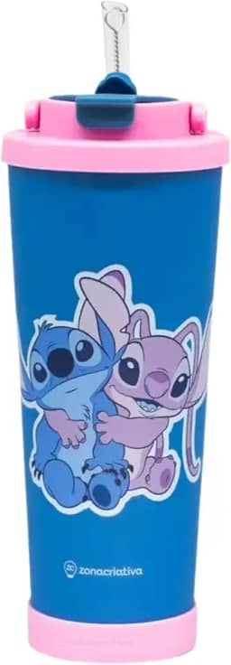 Zona Criativa – Copo Spring 850ml Stitch e Angel | Copo Térmico c/Parede Dupla em Inóx, Base Antiderrapante, Tampa Antivazamento, Canudo + Limpador | Ideal para Levar Bebida com Segurança