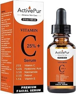 ActivePur 25% Melhor Soro de Vitamina C para o Rosto (60 ml) Vitamina E+B5 Soro de Ácido Hialurônico Face Retinol Ácido Ferúlico Niacinamida Colágeno Anti-Envelhecimento Olheiras Soro Facial Vitamina
