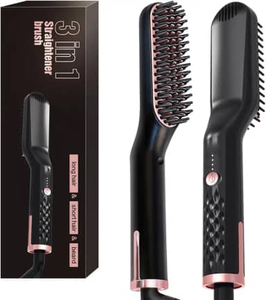Escova Alisadora Térmica 3 em 1 Profissional - Chapinha Iônica para Cabelo e Barba com 3 Temperaturas (150°C-180°C-210°C), Cabo Giratório 360° e Presente Masculino (110-240V/Compatível Global)
