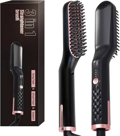 Escova Alisadora Térmica 3 em 1 Profissional - Chapinha Iônica para Cabelo e Barba com 3 Temperaturas (150°C-180°C-210°C), Cabo Giratório 360° e Presente Masculino (110-240V/Compatível Global)