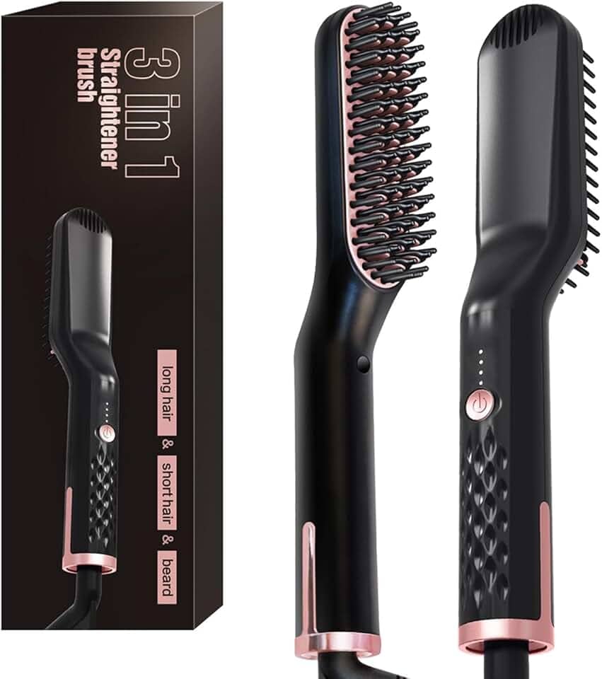 Escova Alisadora Térmica 3 em 1 Profissional - Chapinha Iônica para Cabelo e Barba com 3 Temperaturas (150°C-180°C-210°C), Cabo Giratório 360° e Presente Masculino (110-240V/Compatível Global)