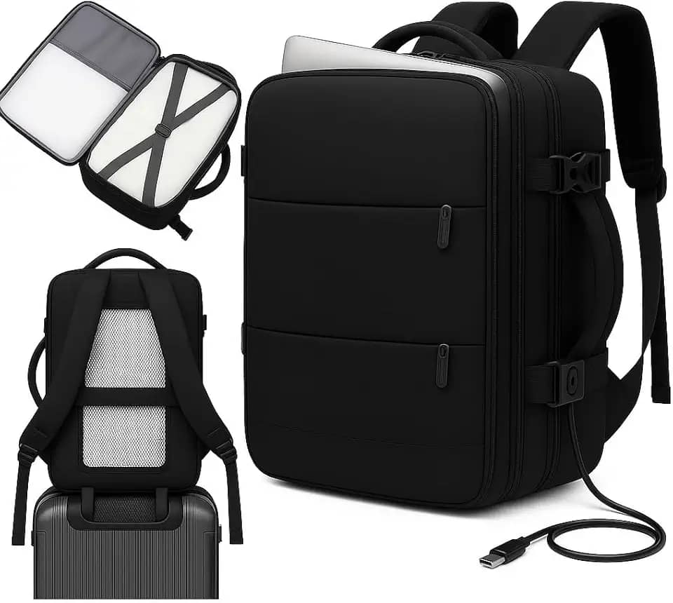 Mochila de viagem grande para mulheres e homens, mochila de mão, mochila de caminhada, Compartimento para Notebook, Sapatos e Entrada USB, para viagens, Cinza, 25L, Mochilas de viagem