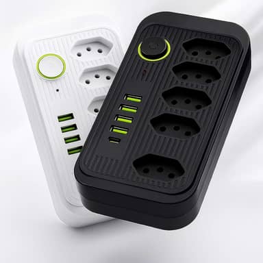 Extensão Tomada Régua Tomada Régua de Energia 5 Tomadas 4 Interfaces USB 1 Porta USB Tipo-C Cabo de Alimentação de 2 Metros Suporte a Tensão de 110-220V Potência de 2500W