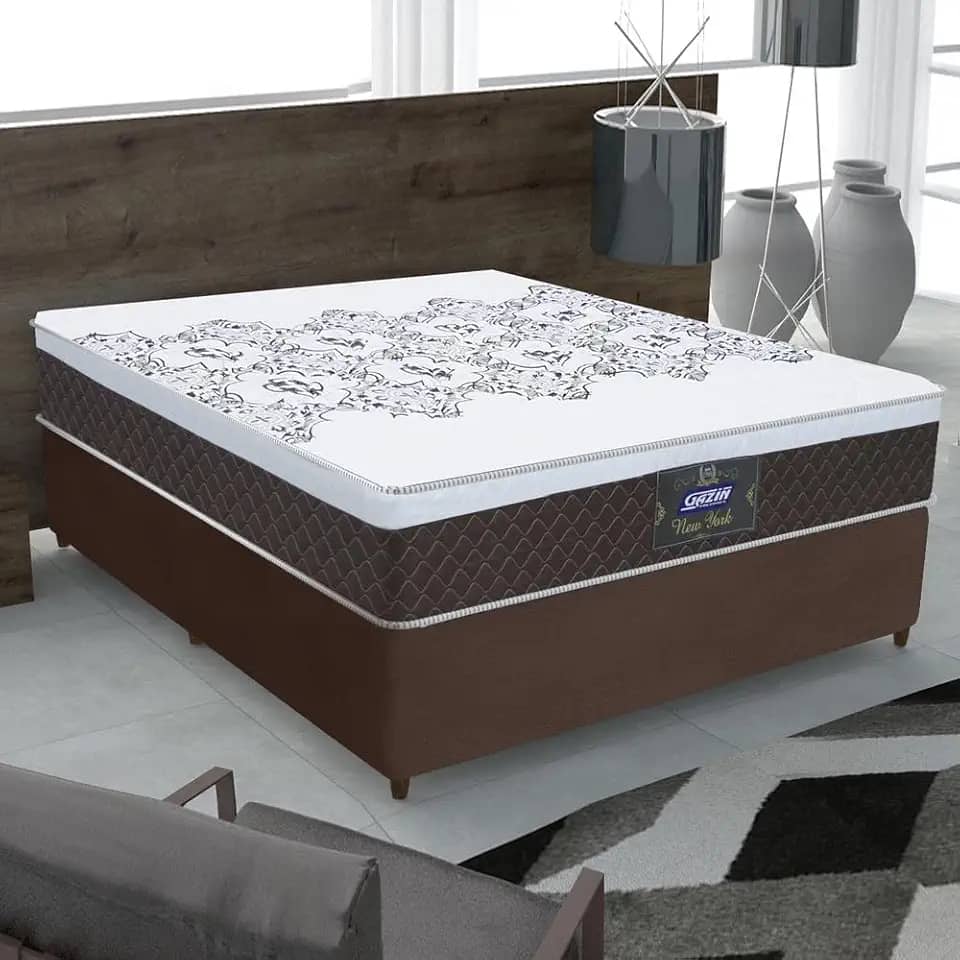 Cama Box Casal Colchão Molas Ensacadas com Euro IN New York Marrom/Branco 138x188x64cm