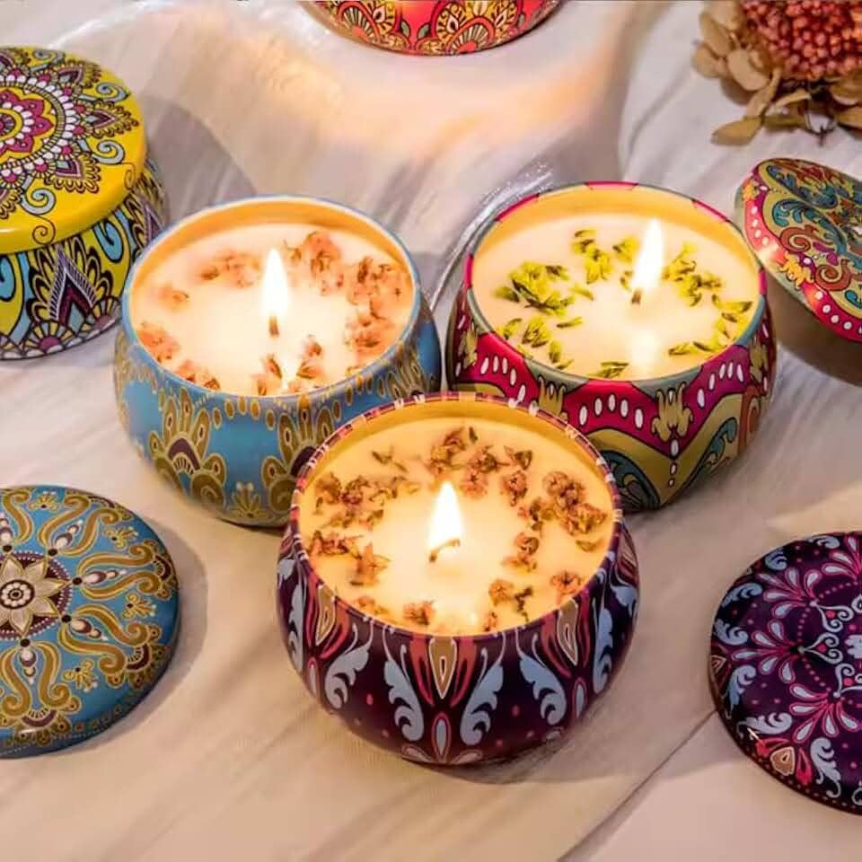 Kit Velas Aromáticas em Lata Decorativa 3 Unidades Cera Natural de Coco e Soja Perfumada