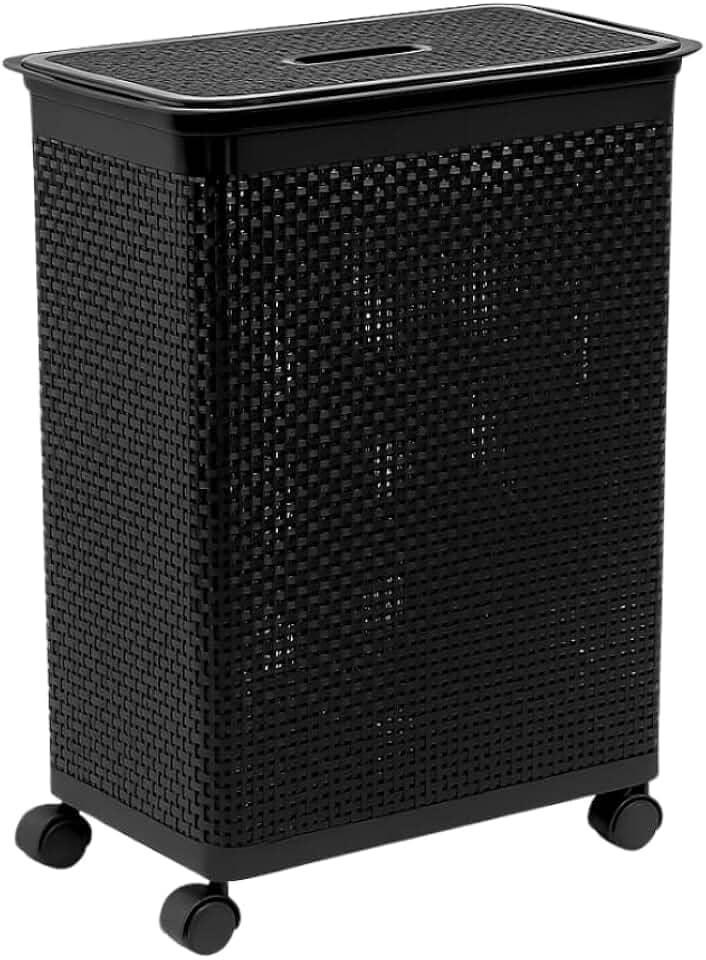Cesto Roupa, Cesto Rattan 50 Litros Roupeiro com Tampa E Rodízios(Preto)