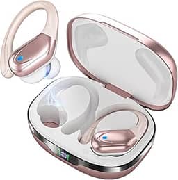 Fones de Ouvido Bluetooth Sem Fio, 80h de Bateria, Esportivos com Gancho, IPX5 à Prova d'Água, Graves Potentes, Cancelamento de Ruído, Compatível com iOS, Android e Bluetooth 5.3 (Ouro Rosa)