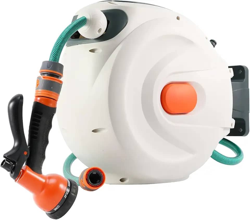 Enrolador de Mangueira, Mangueira de Jardim Retrátil Reel com Suporte de Parede 16 mm × 20 m com Bocal de Mangueira de 8 Padrões, Rebobinamento Automático/Trava de Qualquer com Bola Posicionada