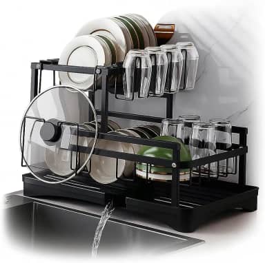 Escorredor de Louça em Aço Carbono Preto com Bandeja de Drenagem, Suporte para Copos, Talheres e Tábuas – Compacto, Resistente, Antiferrugem – Organizador de Pia Cozinha Moderna