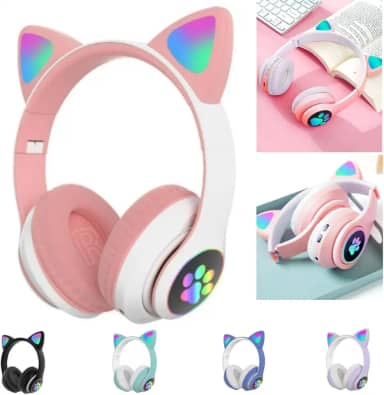 Fone Orelhas GATO Sem Fio COM LED Bluetooth Música Infantil COLORIDO GATINHO (pink)