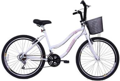 Bicicleta Feminina 26 Beach Branca de 18 Velocidades com Aros duplos, Pneus Slik e Cesta - Dalannio Bike