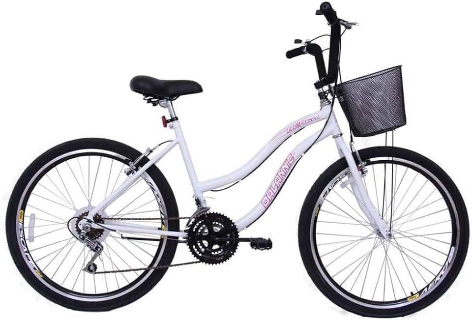 Bicicleta Feminina 26 Beach Branca de 18 Velocidades com Aros duplos, Pneus Slik e Cesta - Dalannio Bike