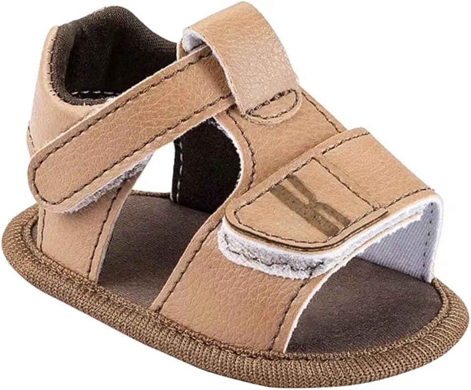 Sandália Bebê Menino em Tecido, Marrom Claro, Estilo Casual Ajustável, Primeiros Passos, Sapatinho