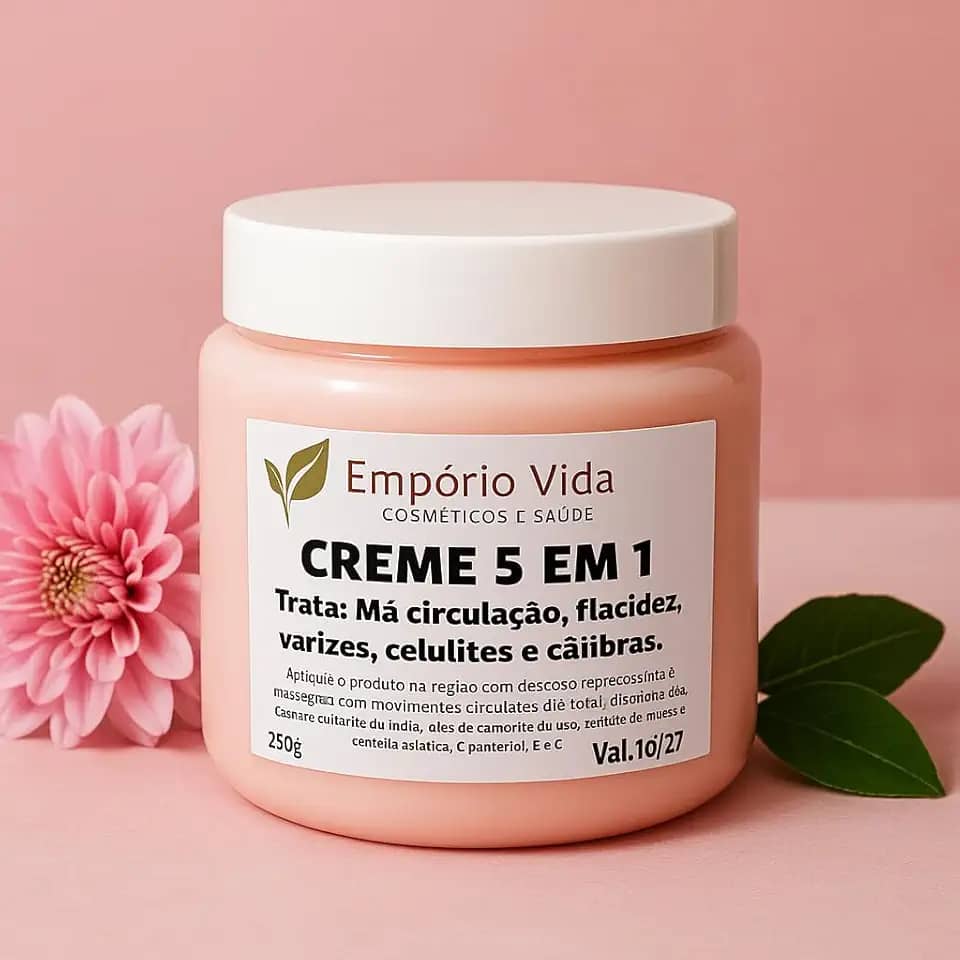 Creme 5 em 1 trata varizes, celulite, flacidez, câimbras e má circulação.