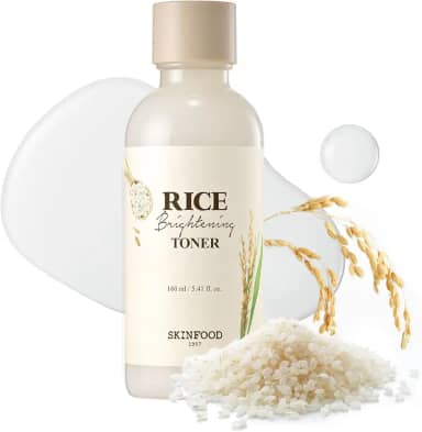 SKINFOOD Tônico clareador de arroz, tônico facial coreano para pele de vidro brilhante, leite natural de água de arroz para minimizar os poros, hidratante, pele brilhante, vegano, 160 ml.