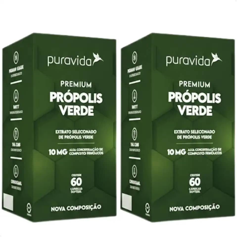 Kit 2 Unidades Própolis Verde Premium Puravida | 60 Cápsulas Softgel por pote | 10mg Compostos Fenólicos | Extrato Concentrado Alecrim do Campo | 4x Mais Polifenóis | Suplemento Natural Brasil | Pack Economia 60 Dias