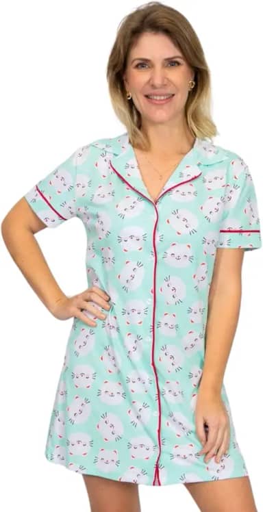 Camisola Algodão Feminina Americana Manga Curta com Botões Adulto indicado Gestante Amamentação e Pós cirúgico – Gatinhos Verde