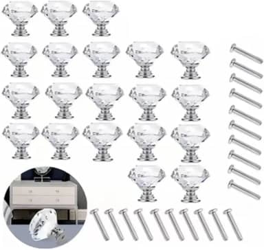 Puxador de Gaveta de Vidro - 20 Peças, 30mm, Puxador de Cristal, Design Moderno para Cozinha, Banheiro e Escritório, Ideal para Decoração de Móveis