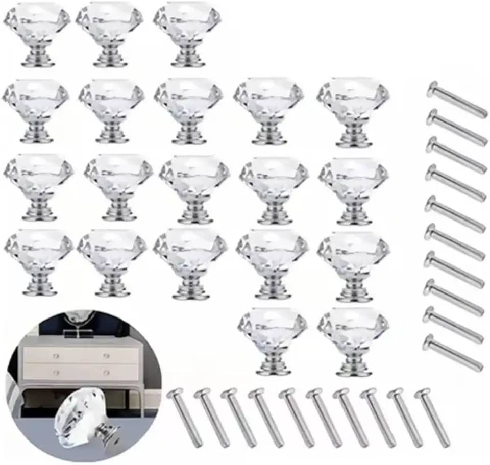 Puxador de Gaveta de Vidro - 20 Peças, 30mm, Puxador de Cristal, Design Moderno para Cozinha, Banheiro e Escritório, Ideal para Decoração de Móveis