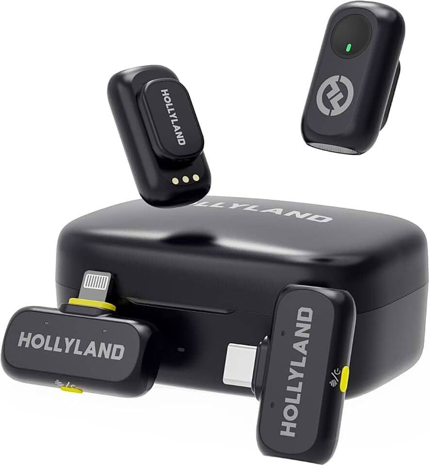 Hollyland LARK A1 Combo – Microfone Sem Fio Mini para iPhone e Android (2TX + USB-C RX + Lightning RX + Case de Carregamento), Microfone Magnético para YouTube, TikTok, Podcast e Vlogs (Preto)