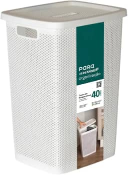 Cesto de Roupa Suja com Tampa 40 Litros Linea Grande Organizador de Lavanderia Quarto Brinquedos com Alças Laterais (Branco)