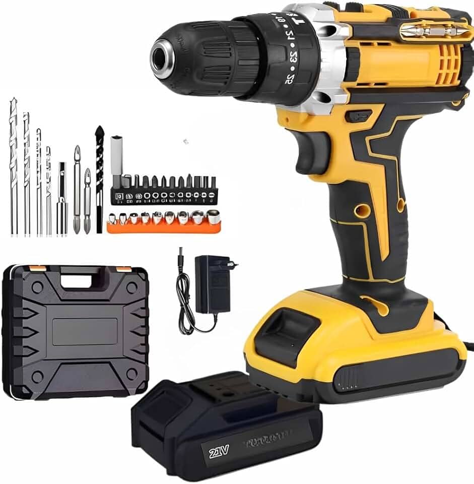 Furadeira e Parafusadeira de Impacto Sem Fio 21V 2 Baterias Recarregáveis com LED Bivolt e 32 Acessórios - Maleta Completa para Uso Profissional e Obra Alta Potência (2 BATERIAS)