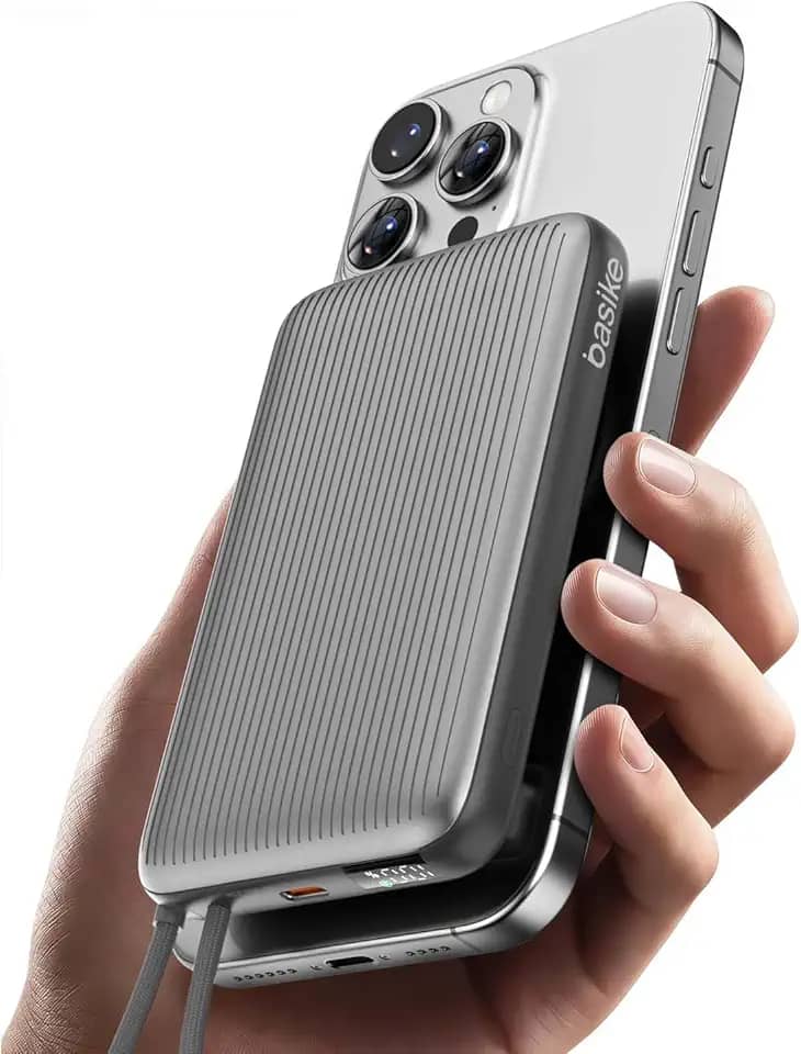 Basike Power Bank 10000mAh, 15W Carregador Portátil Universal por Indução, PD até 22,5W (1 Porta + Cabo Integrado), Compatível com Samsung S25/24/23/22/21, iPhone Séries 16/15/14/13 e MagSafe – Cinza