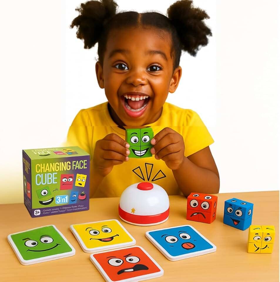 Brinquedo Educativo 3 EM 1 Cubo das Emoções com sininho - Monta cara e Pares Malucos Jogo Pedagógico Criativo e Divertido para Crianças, Meninos e Meninas, Didático Lúdico 3+ Anos Jogos de Tabuleiro