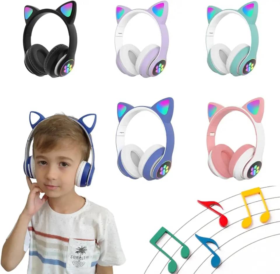 Fone de Ouvido Gatinho Bluetooth 5.3 com LED (Azul)
