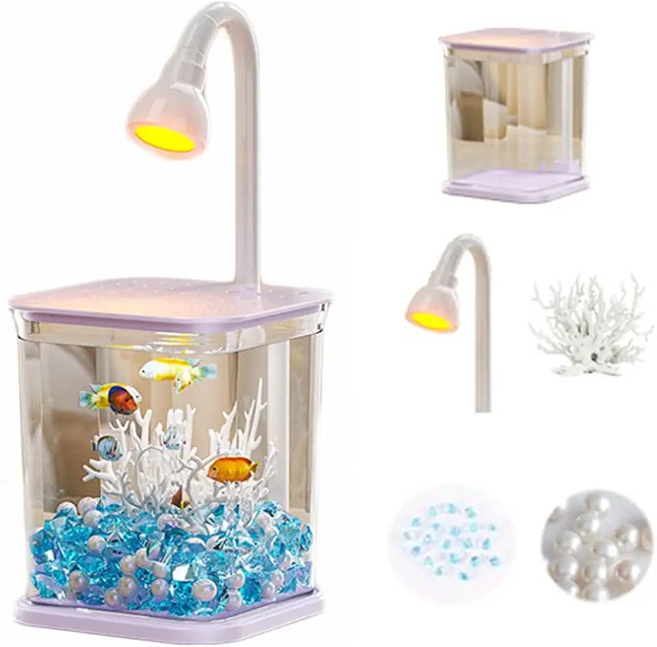Aquário decorativo, aquário para iniciantes com luzes LED dobráveis, aquário de folha acrílica altamente transparente e inquebrável para mesa, quarto