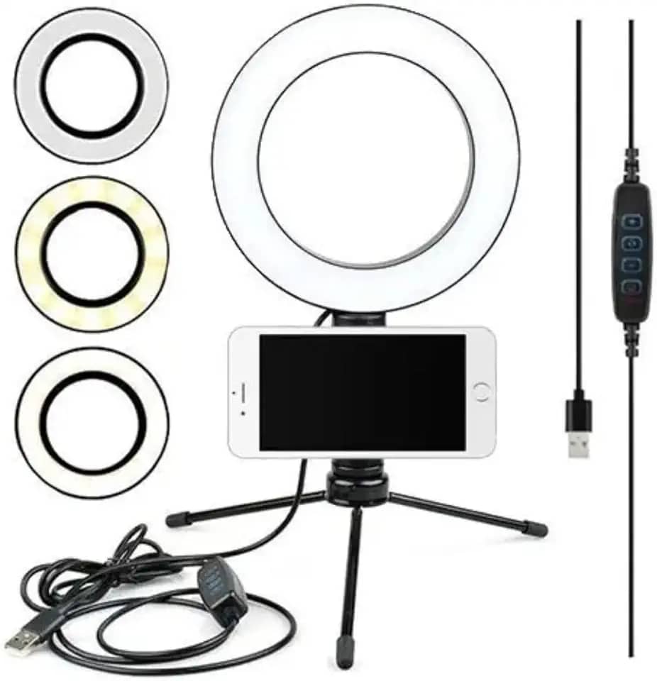 Ring Light LED 6” com Tripé de Mesa e Suporte para Celular | Iluminador Circular com 3 Modos de Cor e 10 Níveis de Brilho para Fotos, Vídeos, Lives e Maquiagem