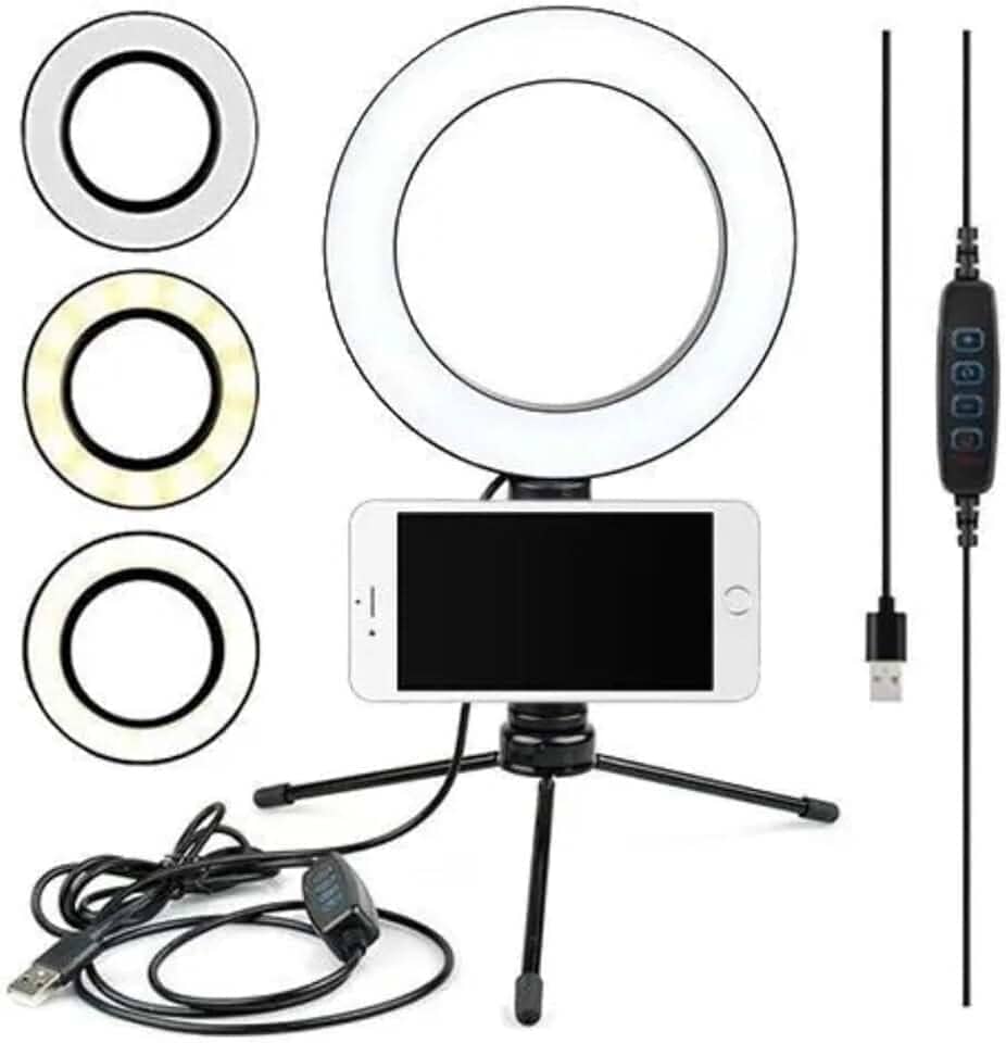Ring Light LED 6” com Tripé de Mesa e Suporte para Celular | Iluminador Circular com 3 Modos de Cor e 10 Níveis de Brilho para Fotos, Vídeos, Lives e Maquiagem