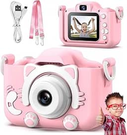 Máquina Fotográfica Infantil Câmera Digital Filma HD com Jogos Divertidos Portátil Gatinho Fofa Recarregável (Rosa Gatinho)