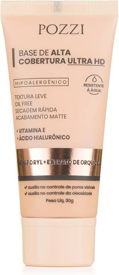 Base Líquida Matte Natural, Alta Cobertura, Resistente à Água, Textura Fina, Longa Duração, 30ml