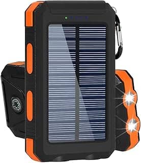 Carregador Portátil Power Bank Solar 10000mAh Resistente, Impermeável e à Prova de Poeira com Lanterna LED Ideal para Trilhas, Acampamentos e Aventureiros ao Ar Livre (Laranja)