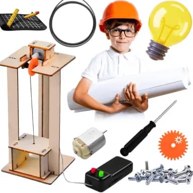 Brinquedo projeto maker escavadeira madeira avião motor eletrico órbita terrestre feira de ciencias educativo para montar faça voce mesmo feira de ciencias escolar 7 anos (Elevador educacional)