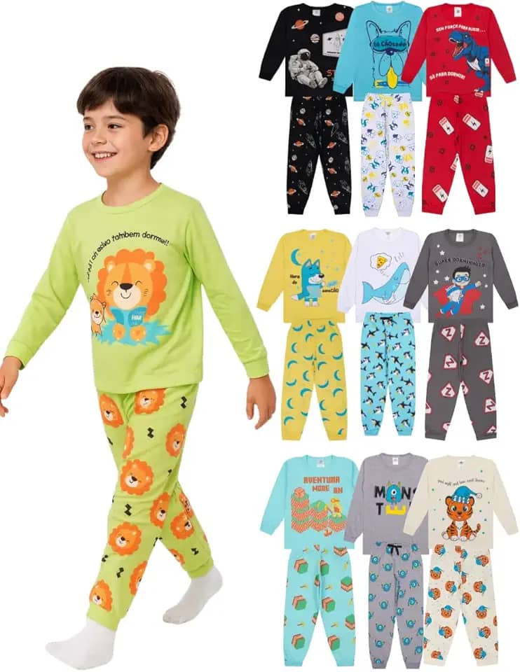 Kit Sortido 4 Peças Pijamas Longos Infantis Menino - 2 Conjuntos Pijamas Manga Comprida Masculino Algodão