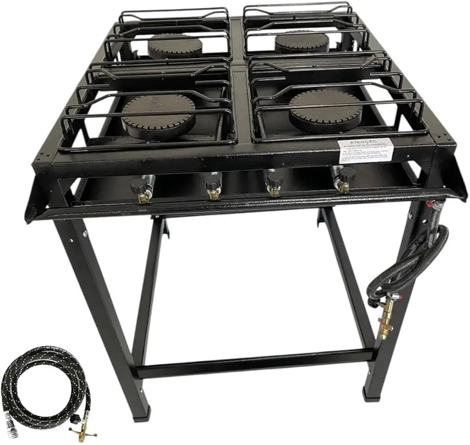 Fogão Industrial 4 Bocas Alta Pressão, FERRO FUNDIDO, 68x65x80 cm, Base Removível, Pés de Borracha