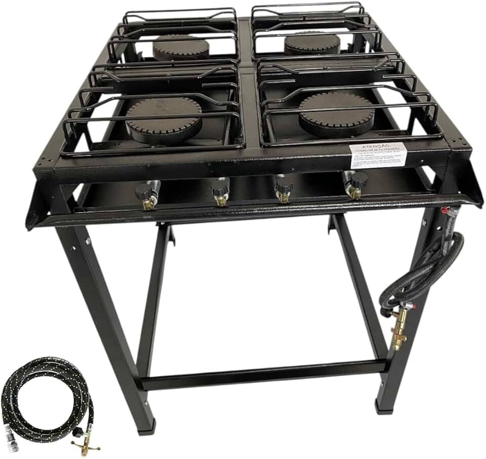 Fogão Industrial 4 Bocas Alta Pressão, FERRO FUNDIDO, 68x65x80 cm, Base Removível, Pés de Borracha