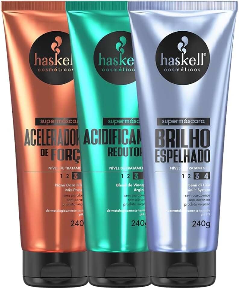 Kit Supermáscaras Haskell Acidificante Redutor de pH, Brilho Espelhado e Aceleradora de Força 240g