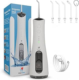 Irrigador Oral e Bucal Portátil 300ml – Jato de Água Recarregável USB – 5 Bicos – Fio Dental Elétrico Profissional para Higiene e Limpeza Oral, Aparelhos, Próteses, Coroas e Implantes | Oral One