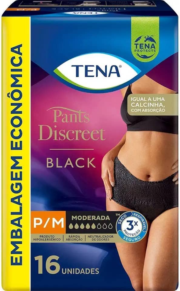 Tena Pants Discreet, Calcinha Descartável para Incontinência Urinária, Preto, P/M - 16 unidades