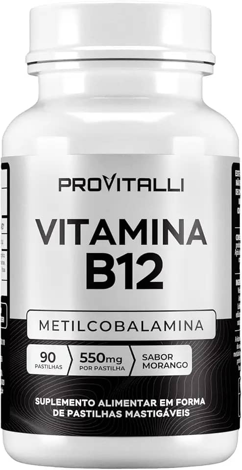 Vitamina B12 Metilcobalamina 90 Comprimidos Mastigáveis | Provitalli | Alta Absorção e Biodisponibilidade | Suporte para Energia, Foco e Sistema Imunológico | 550mg 9,94mgc | Sabor Morango