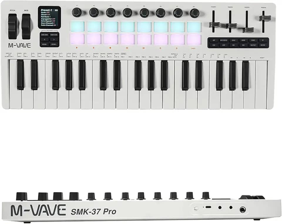 M-VAVE VEDO Teclado MIDI 37 Teclas Sensíveis com Sintetizador DX-7 FM Integrado, Pads RGB, Arpeggiator, Sequenciador, Conexão USB e Bluetooth para Produção Musical, Home Studio e Performances ao Vivo