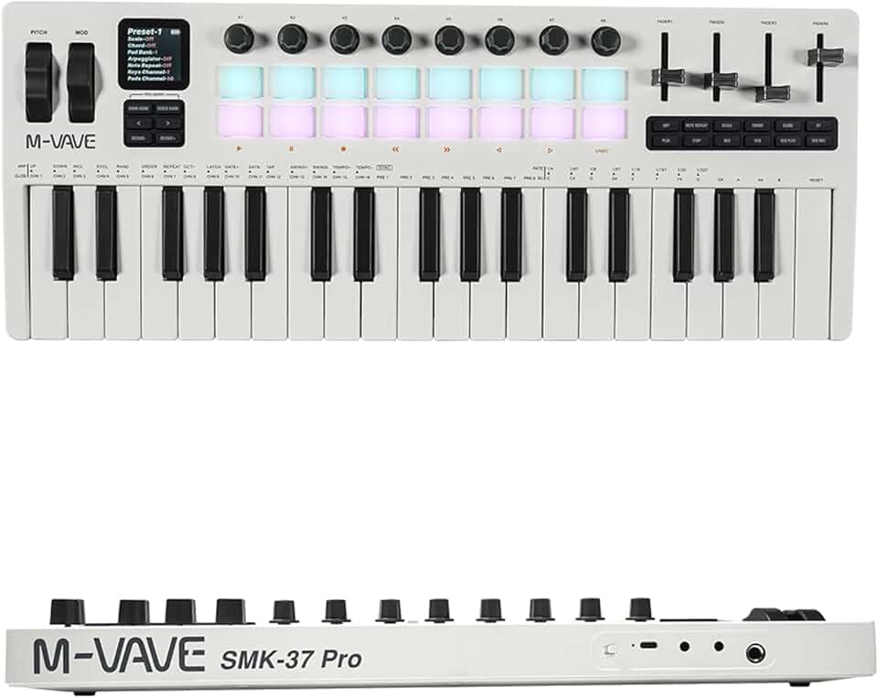 M-VAVE VEDO Teclado MIDI 37 Teclas Sensíveis com Sintetizador DX-7 FM Integrado, Pads RGB, Arpeggiator, Sequenciador, Conexão USB e Bluetooth para Produção Musical, Home Studio e Performances ao Vivo