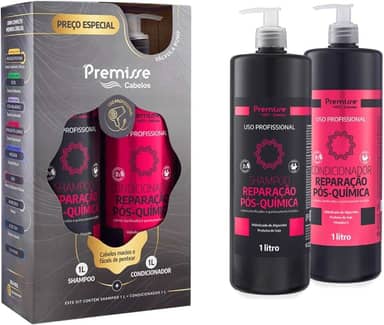 Premisse Kit Profissional Reparação Pós-Química, Shampoo e Condicionador, 1L Cada, com Hidrolisado de Algarrobo e Proteína de Soja, para Cabelos Danificados