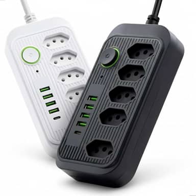 Régua Extensão Filtro de Linha 5 Tomadas Bivolt 2500W 10A com 4 Portas USB + 1 Tipo-C, Botão Liga/Desliga e Proteção Sobretensão – Ideal para Escritório, Casa e Eletrônicos (Preto)